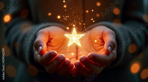 Abstract view of child holds glowing golden star gently. Child holds glowing golden star in open hands. Hopeful child holds glowing star. Special moment with glowing star.