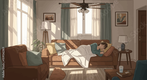 Sunlit Living Room with Person Napping on Couch
