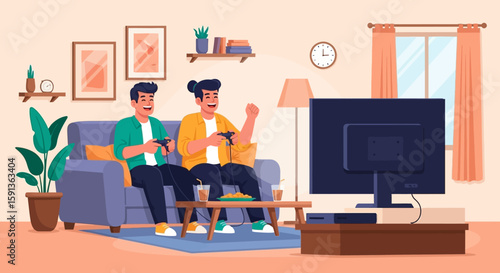 Two Friends Gaming on Couch with Snacks and Drinks in Cozy Room