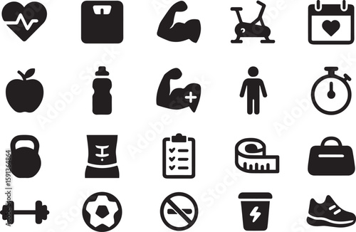 Black vector silhouette fitness icon set: a web pictogram collection for business and travel