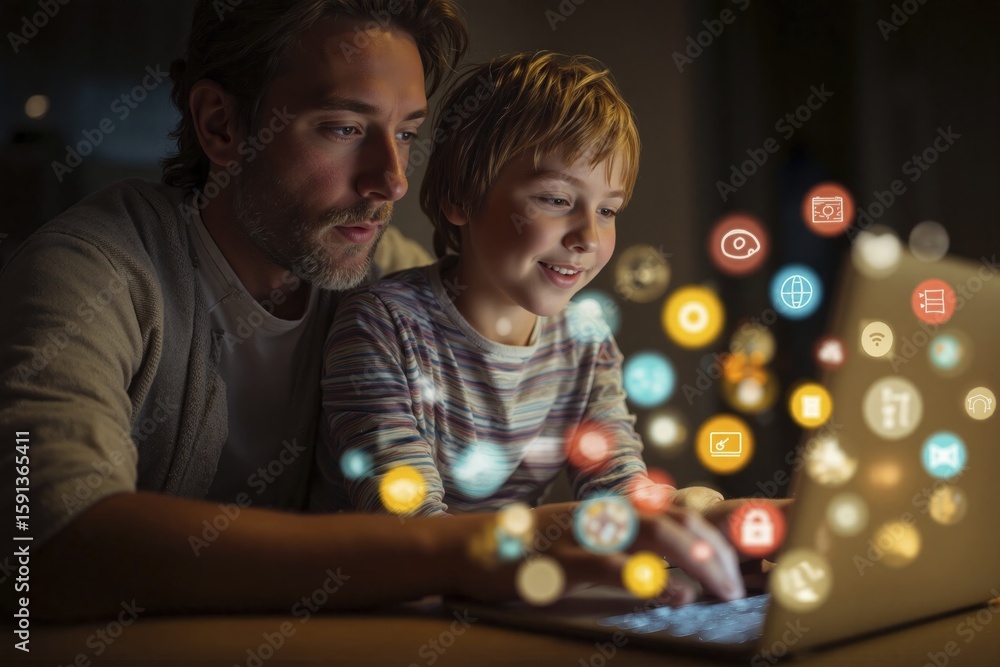 Obraz premium Father and Son Exploring Digital World on Laptop at Night
