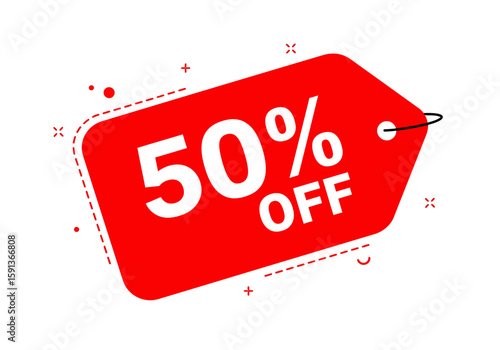 A vibrant red tag displays a prominent '50% OFF' offer, ideal for advertising campaigns and promotional materials, set against a clean white background for maximum impact.