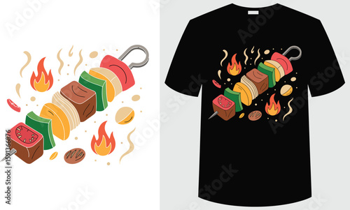 T shirt design a delicious kebab skewer illustration on black and white