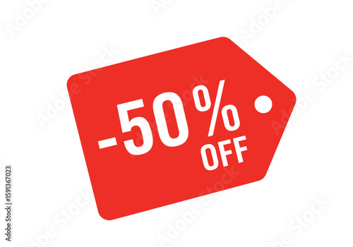 Bright red sale tag with white text announcing a fifty percent discount, isolated on a clean white background.