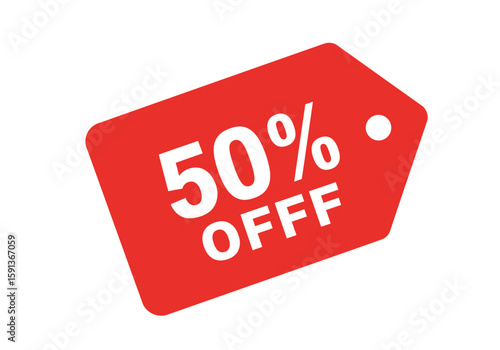 A vibrant red tag displaying a generous fifty percent off discount, set against a clean white background, ideal for marketing and promotional materials.
