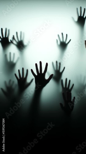Silhouette zombie hand reaching out from the ground on dark scene background, vertical front view of slow motion smoke or fog effect for graveyard night view spooky, Halloween party decoration horror