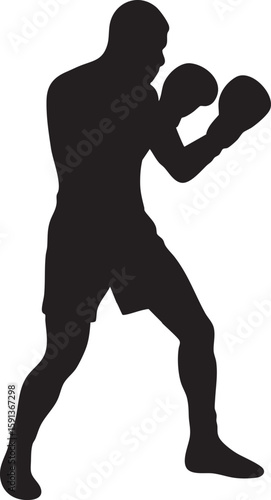 Vector Minimalist Stencil Design of a Fighter in Boxing Stance, High Contrast Black and White Art

