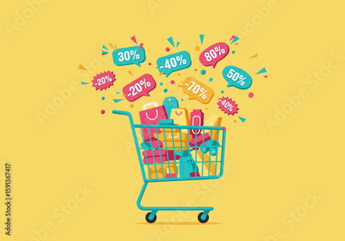 A vibrant illustration depicts a shopping cart overflowing with items, surrounded by colorful discount bubbles and confetti, symbolizing a major sale event.
