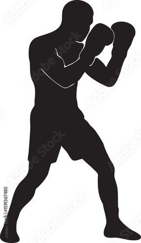 Vector Silhouette of a Boxer in Classic Fighting Stance with Raised Guard on White Background