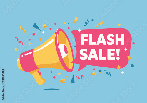 A bright yellow megaphone announces a "Flash Sale!" with confetti and stars against a vibrant blue background, symbolizing promotions and special offers.