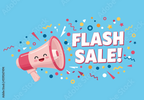 A cheerful cartoon megaphone announces a flash sale with colorful confetti, ideal for promotional materials and marketing campaigns on a vibrant blue background.