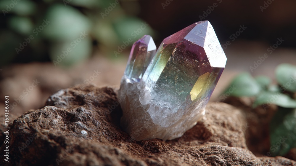 Obraz premium Close up of iridescent crystal clusters on rough brown stone with blurred green foliage background