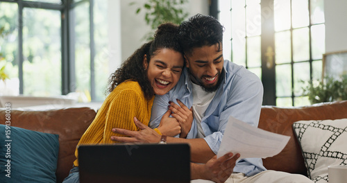 Fotografía Happy, hug and couple with paperwork, financial planning or excited for home loan on website or app