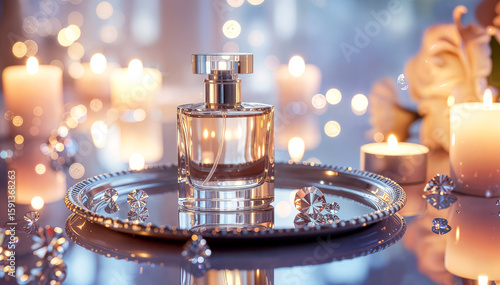 Elegant Perfume Bottle with Candlelight and Sparkling Decor – Romantic Luxury Scene
