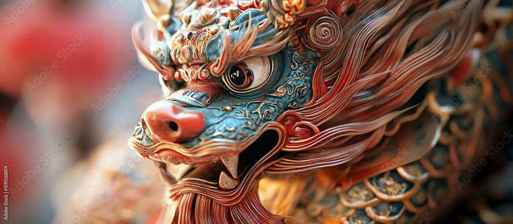 Fototapeta premium Chinese Dragon Statue Close-up, Temple Background