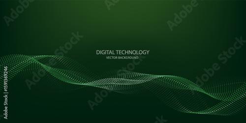 Futuristic green tech background with modern wavy dots.