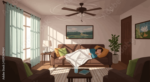 Afternoon Nap: Woman Asleep on Brown Sofa with Sunlight Streaming Through Curtains