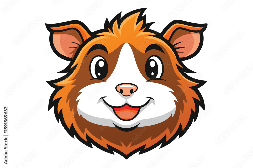 Cartoon hamster smiles, displaying adorable furry face with orange and white markings on a white backdrop Cartoon hamster smiles, displaying adorable furry face with orange and white markings on a white backdrop