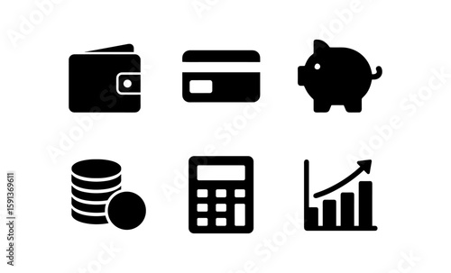 Financial icons collection: wallet, card, piggy bank, coins, calculator, growth chart