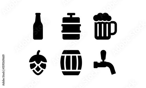Set of beer icons: bottle, keg, glass, hop, barrel, tap in silhouette design