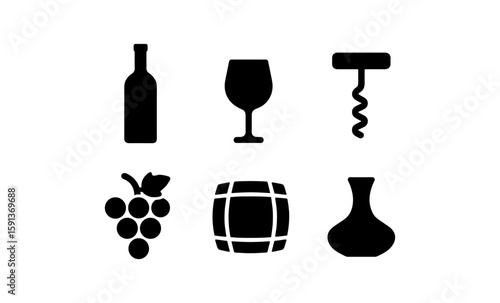 Wine icons set: bottle, glass, corkscrew, grapes, barrel, decanter in silhouette style