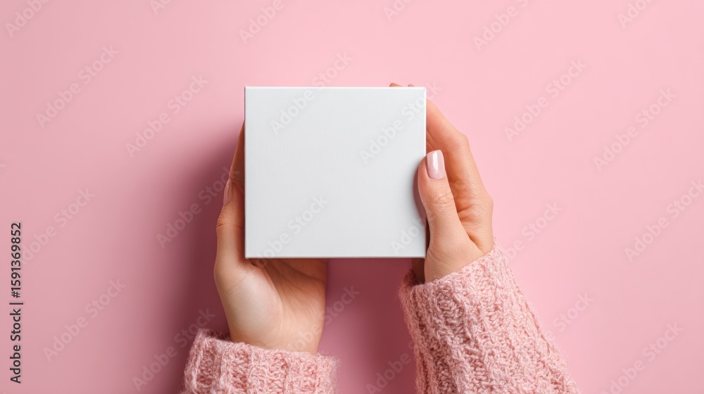 Obraz premium Hands hold a blank white square gift box against a pink background