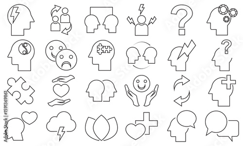 Mental Health and Therapy Icon.  Brain, speech bubble, puzzle, conversation, meditation, lotus, support icon. Pictograms and infographics for mobile apps. vector illustration.