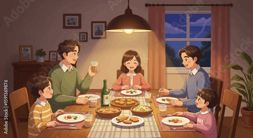 Animated Family Dinner: Joyful Gathering Around a Well-Lit Table
