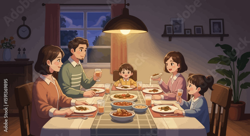 Animated Family Dinner Scene Under Warm Light, Sharing Meal Together