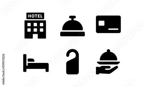 Hotel amenities icons collection: bell, bed, card, and more in solid design
