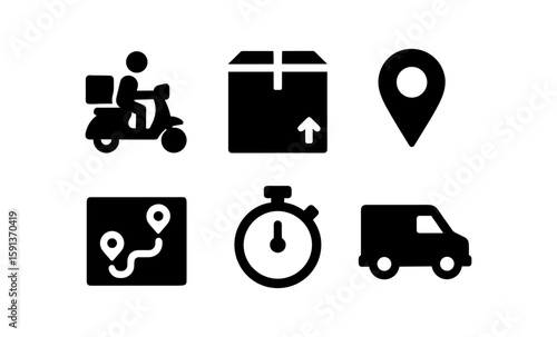 Silhouette icons for delivery: scooter, package, and location symbols