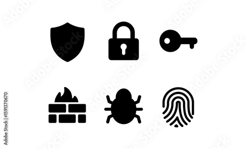 Cyber security icons set: lock, shield, and bug symbols for digital protection