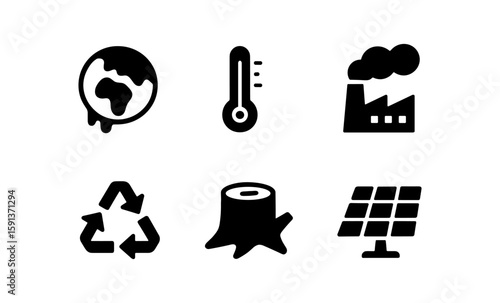 Environmental icons: eco-friendly and climate change symbols in bold silhouette