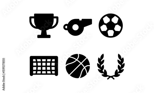 Sports icon set: trophy, whistle, soccer ball, goal, basketball, laurel