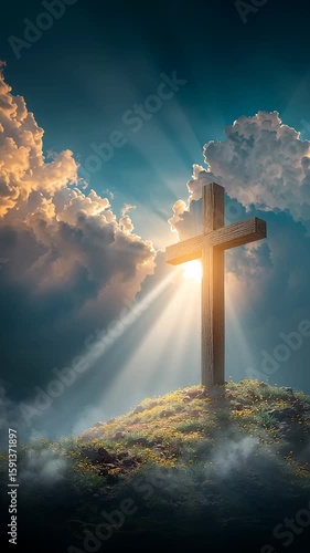Looking up shot vertical front view of the Cross against a beautiful on colorful sky background, Jesus Christ, god, religion, faith, Christianity concept