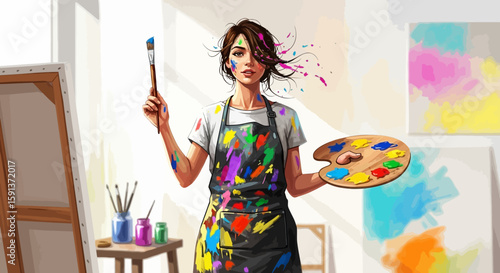 Artistic Woman with Paintbrush and Palette, Splattered with Vibrant Colors