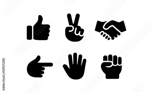 Set of hand gesture icons: thumbs up, peace, handshake, pointing, open hand, fist