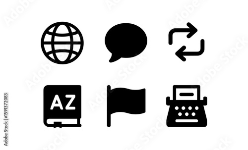 Minimalist icon set featuring global, communication, and workflow symbols