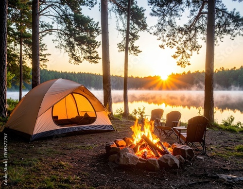 Peaceful campsite at sunrise by a lake