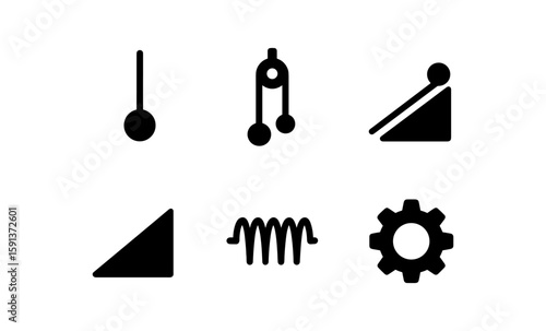 Silhouette icons: pendulum, compass, inclined plane, gear, spring, triangle