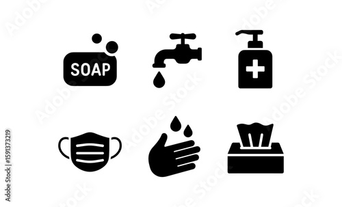Essential hygiene icons: soap, tap, sanitizer, mask, handwashing, tissue