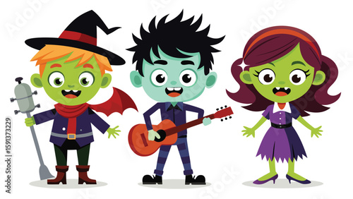 Three cartoon halloween characters in costumes standing next to each other smiling happily