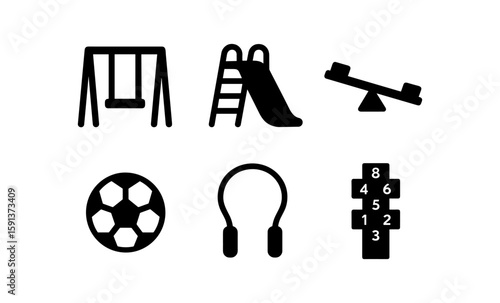 Playground icons: swings, slide, seesaw, soccer, headphones, hopscotch in minimalist silhouette style