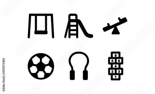 Playground and recreation icons set: slides, swings, sports, and games
