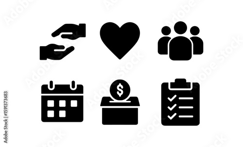 Silhouette icons: hands, heart, team, calendar, donation, checklist