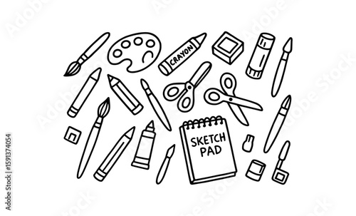 Artistic tools doodle collection featuring brushes, crayons, scissors, and sketchpad