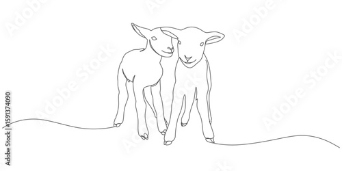 Continuous One Line Drawing of Two Cute Lambs Standing Together