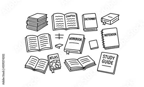 Diverse collection of books and notebooks in hand drawn style for educational and study themes