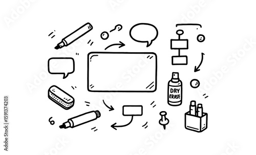 Hand-drawn office supplies and communication doodles for creative projects
