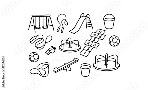 Linear playground equipment icons: swings, slide, and more